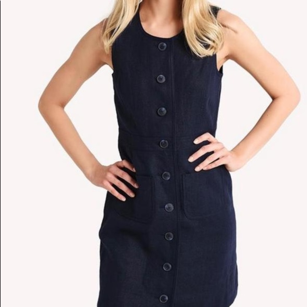 TORY BURCH Navy Blue button down 100% Linen Shift Dress Size 2